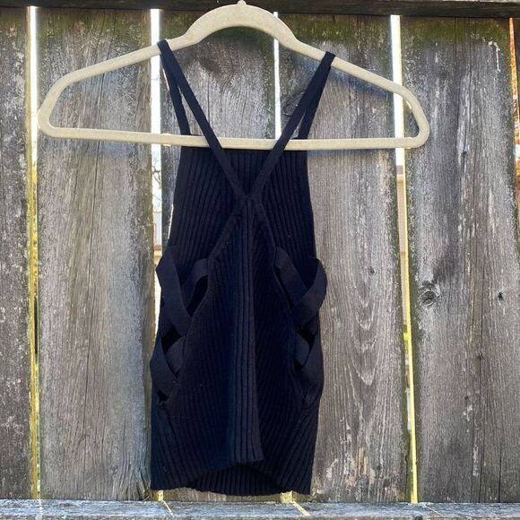 Brooklyn Karma Black Ribbed Cut Out Crop Sweater Top | L - Picture 3 of 5